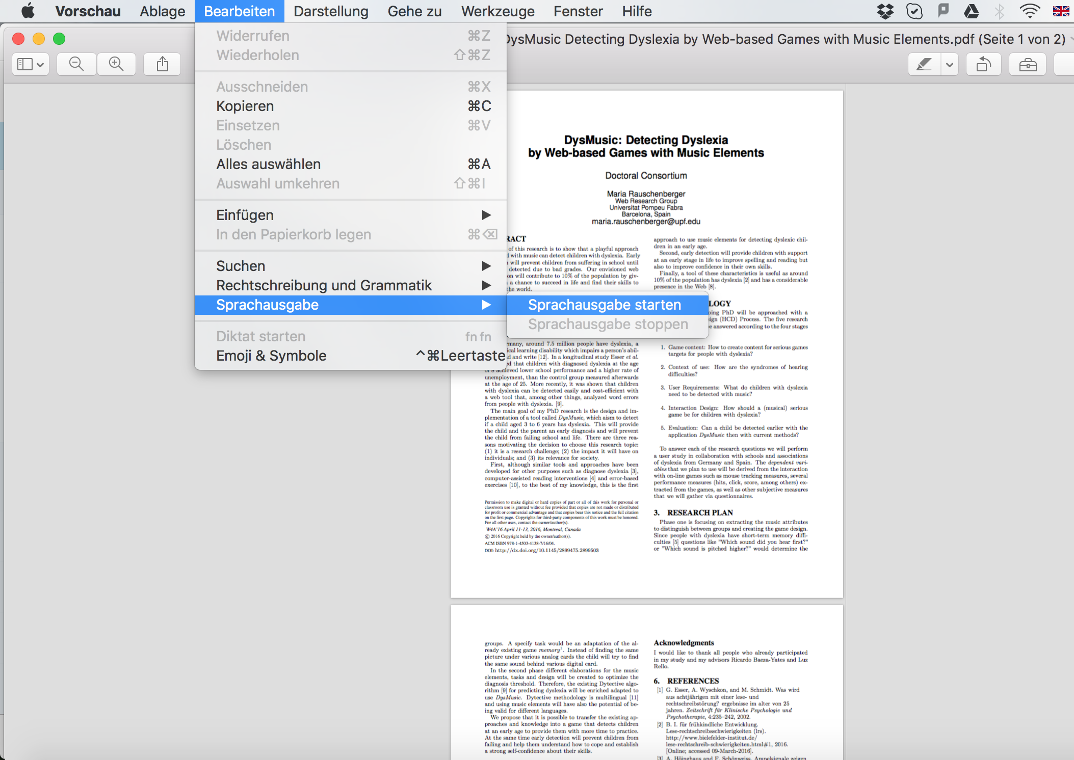 Zeigt die Funktion Sprachausgabe im Program "Vorschau" von MacOS